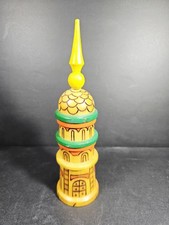Vintage Russian Wooden Pyrography Tower Home Decor, 8.5