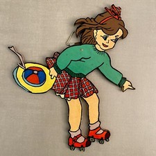 1970s Roller Skates Girl Vintage Hardboard Figure GDR Child Fretwork RARE picture