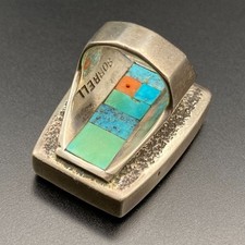 Vintage Navajo Native Robert Sorrell Turquoise Coral Sandcast Silver Ring Size 6 picture