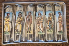 Vtg 6 pc RARE Set FES Solingen Germany Cowboy Indian Picture Pocket Knives Box picture