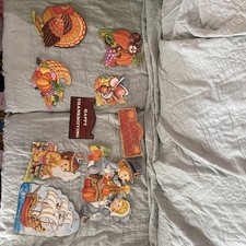 9 Vtg Thanksgiving Die Cut Decorations Amscan Cardboard Turkey Pilgrims picture