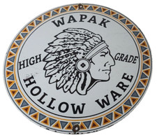 Vintage Wapak Hollow Ware Gasoline Sign - Indian Chief Gas Pump Porcelain Sign picture
