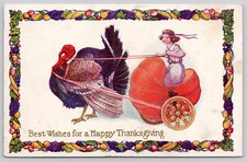 Thanksgiving Turkey Pulling Girl Pumpkin Carriage Greeting Postcard c1910s picture