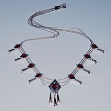 Vintage Sterling Silver Multi Stone Inlay Squash Blossom Necklace Liquid Silver picture