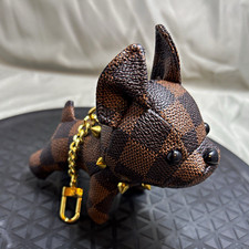 Faux Leather Dog Keychain Bag Charm Brown/Black Gold Tone Clip Keyring picture
