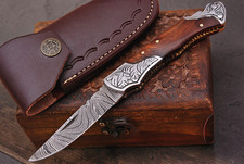 CUSTOM MADE FORGED DAMASCUS STEEL FOLDING POCKET KNIFE + LEATHER SHEATH 670 picture