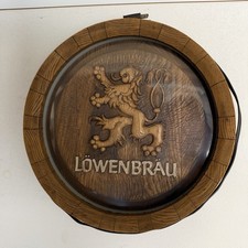 Vintage 1984 Lowenbrau Beer Lighted Barrel Sign Wood Look Bar Shield Lion Crest picture