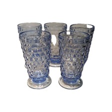 4 VTG Indiana Glass Whitehall Colony Cube Pattern Blue Iced Tea Footed Glasses picture