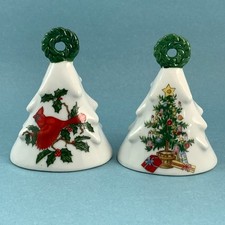 2 Vintage Lefton Christmas Tree Shaped Bells Cardinal #1205 and Tree #1199 Japan picture