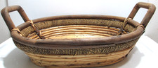 Vintage Hand-Woven Rattan Bamboo Rope Basket Tray Oval Wood Handles 17 1/2