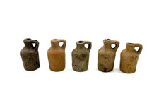 Vintage Antique Miniature Clay Little Brown Whiskey Jugs Stoneware Toy Set of 5 picture
