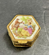 Victorian Courting Couple Pill Trinket Box Porcelain Metal Made in Italy Stamp picture