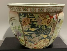 Vintage Chinese Peonies Butterflies Birds Porcelain Jardiniere Planter Bowl picture