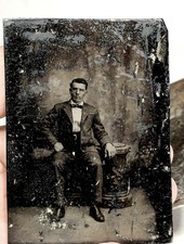 TinType Portrait Young Man in Suit with Bow Tie Short Hair Sitting picture