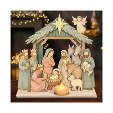 12pc Wooden Nativity Scene Set, Rustic Wood Christmas Figures, Pastel picture