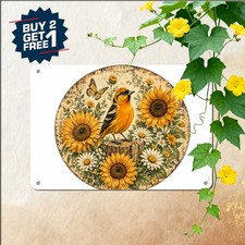 Bohemian Sunflower Bird Meadow Sign Whimsical Floral Garden Metal Tin Plaque picture