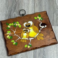 Vintage Hand Painted Owls Wooden Plaque Artist Signed Cottagecore 70s MCM picture