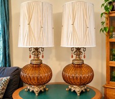 Vintage Pair Amber Optic Glass Falkenstein Style Lamps 39