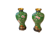 Vintage Cloisonne Cherry Blossom Vase Set 1948 Tsingtao US Military Inscribed picture
