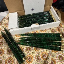 Set of 12 Vintage Lucite MILLER Taper Candles Green With Gold Flakes 9in MCM NIB picture