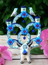 Tree of Life Candelabra Bull Birds Flowers Handmade Clay Mexico Folk Art Tiny Sz picture
