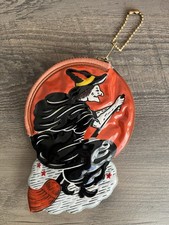 Vintage Halloween Witch On Broomstick Plastic Collectible Zippered Change Purse picture