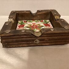 Vintage Southwest Floral Toile Tile Wooden Tramp Style Ashtray Brass Tact. picture