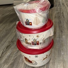 Tupperware New Set 3 Christmas 2022 One Touch Canisters Beautiful Village Theme picture