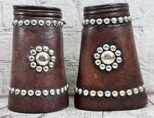 Antique Tooled Leather Cowboy Cuffs Protective Gauntlets Nickel Studded Pair picture