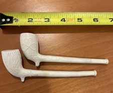 Pair Vintage Irish White Clay Tobacco Pipes Shamrock & Woodgrain Bark Design 6