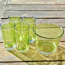 Vintage MCM Atomic Starburst Asterisk Highball Cocktail Glasses W/ Ice Bucket picture