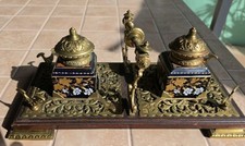Antique Double Inkwell Victorian Black Porcelian Enamel Flowers W/ Gold W/ Stand picture