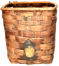 Antique 1940s 10 Inch Wicker Basket With Metal Griffin Crest picture