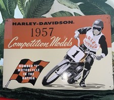 Modern Harley Davidson Metal Motorcycle Sign Featuring 1957 Competition Artwork picture