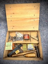 Vintage antique cobbler shoemaker’s repair handmade wood box, tools, tack nails picture