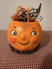 Primitive Style Halloween Jack O Lantern Pumpkin Bucket Folk Art OOAK Handmade picture