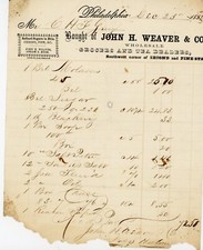1855 Philadelphia Wholesale Grocer Invoice John H Weaver & Co Molasses Sugar Tea picture