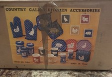 Original 1980’s Vintage Country Calico Kitchen Set Cow Chicken Pig Duck Open Box picture