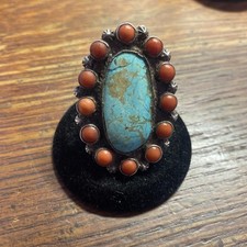 Old Native American Lg Ring, Red Coral & Turquoise, Sterling, Pawn, sz 11 picture