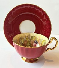 Vintage Aynsley Orchard Fruit Tea Cup & Saucer Red Gold numbered, signed D Jones picture