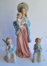 Vintage Madonna & Child w 2 Kneeling Angels Bisque Figurines Statues 3pcs Taiwan picture