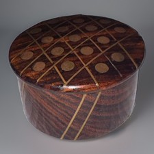Vintage Round Dark Wood Trinket Box With Brass Inlay Design picture
