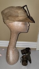Antique Vintage Cloth Coal Miner Hat + 2 Carbide Lamps picture