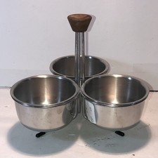 Danish Mid Century Modern Triple Caddy Condiment, Stainless & Teak Wood, 3 Bowls picture
