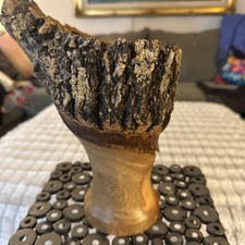 Vintage Signed Wood Vase 10” Natural Bark Edge Rustic Pacific Northwest Art picture
