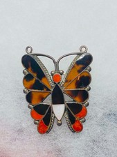 Vintage Native American Zuni Shell & Coral Sterling Silver Butterfly Pin Brooch picture