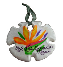 Hawaiian FLORAL Painted SAND DOLLAR ORNAMENT Mele Kalikimaka Maui Paperwork Vtg picture