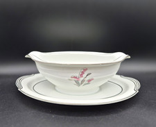Noritake Crest Pattern 5421 Gravy Boat Attached Plate, Floral, Gray Rim, Pink picture