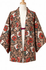 Vintage Japanese Kimono Haori Jacket Silk Brown Red Rose Flower Pattern Lining picture