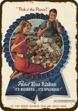 1947 PABST BLUE RIBBON BEER Picnic Vintage-Look DECORATIVE REPLICA METAL SIGN picture